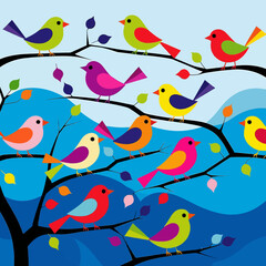 Colorful Birds on Tree Branches Illustration- Whimsical Bird Art with Geometric Design- Bright Bird Illustration for Kids- Nature Inspired Wall Art- Cheerful Bird Painting