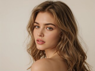 Naklejka premium Elegant Woman Portrait: Graceful Beauty and Alluring Confidence in Soft Natural Light