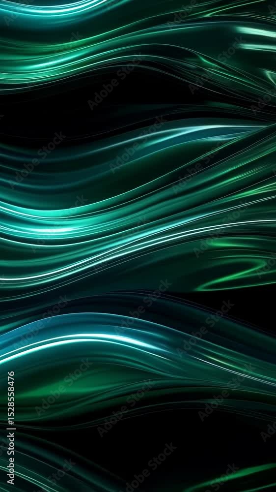 Poster abstract waves of shiny emerald green and blue light streaks creating a dynamic, dark background, wi