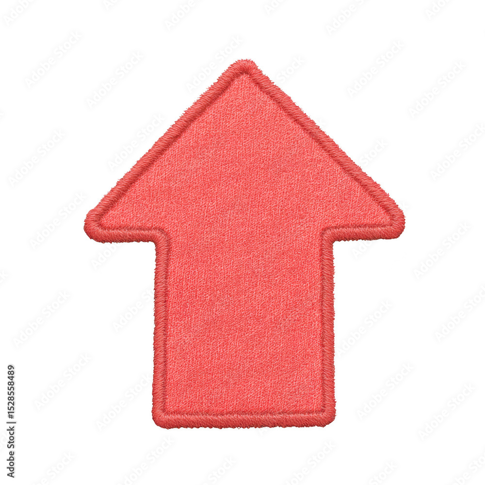 Poster red fabric arrow patch with textured surface and stitched edges, pointing upwards, isolated on trans