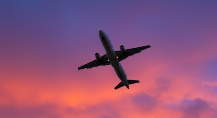Airplane soars through the vibrant sunset skies, a promise of adventure and travel