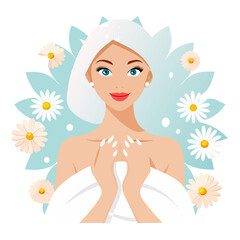 A stylized cartoon illustration depicts a serene woman with clear blue eyes and red lips, wrapped in a white towel with another white towel on her head, applying lotion to her hands. She is framed by 