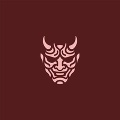 Oni mask logo in bold and intricate line art design.