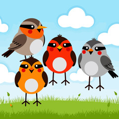 Obraz premium Cute Bird Cartoon Illustration-Colorful Birds on Green Grass-Whimsical Avian Art for Kids-Adorable Bird Characters under a Blue Sky-Playful Cartoon Bird Scene