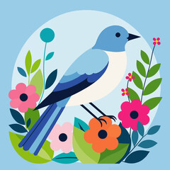 Cute Blue Bird Illustration-Spring Flowers and Leaves-Whimsical Bird Art-Nature Inspired Design-Bright and Cheerful Image-Floral Bird Illustration