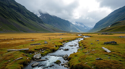 River in a mountain valley, going into the distance. Scottish Highlands. AI generation.