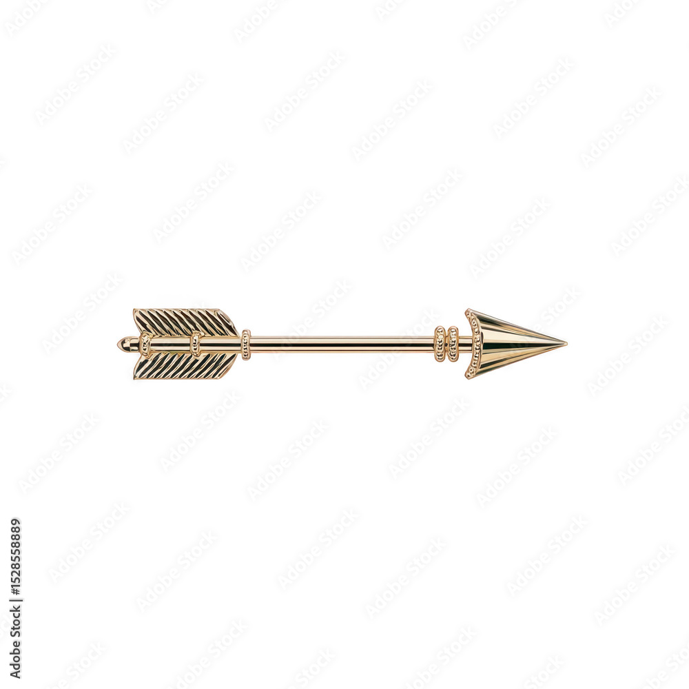 Poster golden arrow with detailed fletching and sharp point, symbolizing direction and precision, is depict