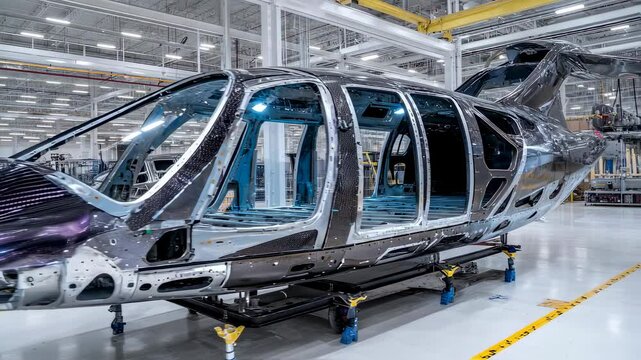 Modern helicopter fuselage rotating on assembly line in a clean and bright factory, showcasing advanced manufacturing processes and innovative technology