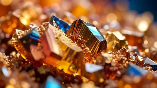 Macro view of shiny golden pyrite mineral chunks with reflective blue and orange accents, close up photography against a blurred dark background