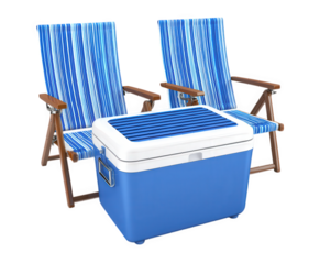 Beach chairs and cooler create perfect outdoor setting for relaxation and enjoyment. vibrant blue and striped design adds cheerful touch to any sunny day