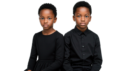 Two young African children pose seriously in matching black outfits.