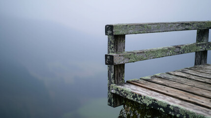 Obraz premium Weathered wooden railing on a foggy cliff overlooking a serene valley in a mountainous landscape, nature's tranquil beauty captured in misty surroundings