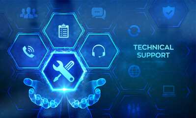Technical support. Customer help. Tech support icon in wireframe hands. Customer service, Business and technology concept. 24 hours servises. 24-7 support. Vector illustration.