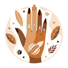 
An earthy-toned illustration of a human hand, with a stylized palm and fingers featuring brown manicured nails, is adorned with white, minimalist patterns resembling traditional body art or spiritual