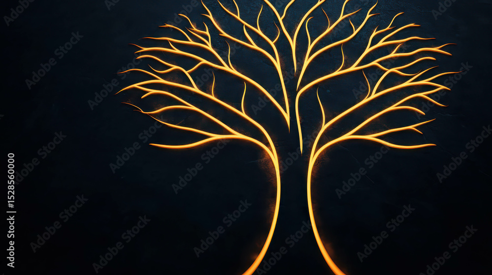 Poster abstract glowing tree design with intricate branches on dark background, symbolizing growth, nature,
