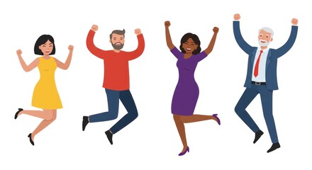 Four jubilant figures leap with joy