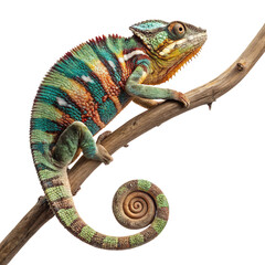 Colorful Panther Chameleon on a Branch Isolated on Transparent Background