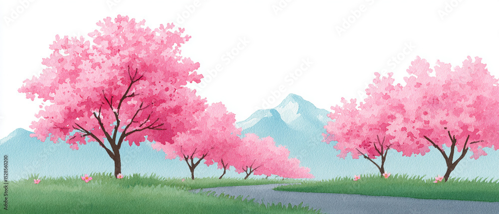 Poster cherry blossom trees in full bloom line winding path with mountains in background, creating serene l