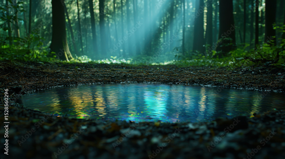 Poster serene forest scene with reflective water pool and gentle sunlight filters through tall trees in lus