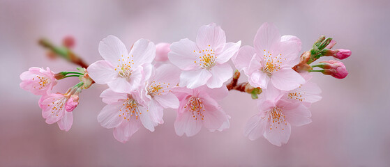 Delicate pink cherry blossoms in full bloom on branch, symbolizing springtime beauty