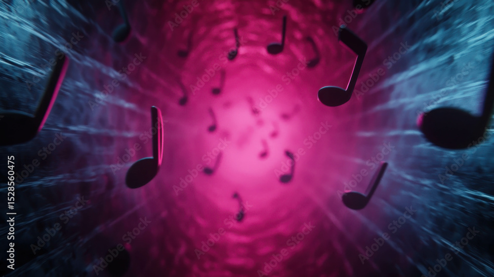 Poster abstract visualization of musical notes swirling in a vibrant tunnel of pink and blue colors creatin