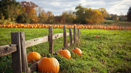 Autumnal pumpkin patch, rustic wooden fence, and vibrant foliage.