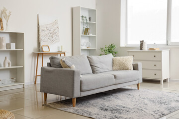 Interior of light living room with commode and sofa