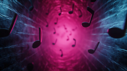 Abstract visualization of musical notes swirling in a vibrant tunnel of pink and blue colors creating a dynamic artistic expression of soundwaves and rhythm