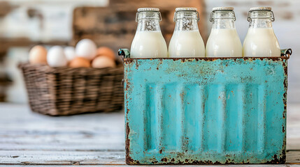 Vintage Milk Bottles in Rusty Container with Fresh Eggs in Basket on Wooden Table for Rustic Farmhouse Kitchen Decor and Dairy Products Concept