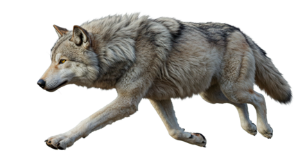 A gray wolf running in full stride, showcasing its wild beauty and power in its natural habitat.