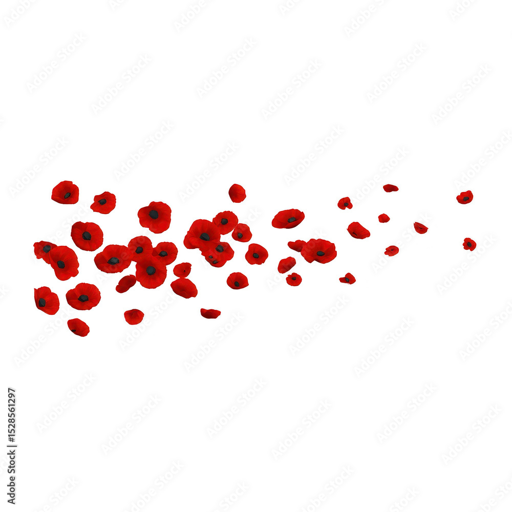 Poster cluster of vibrant red poppies is scattered across transparent background, creating dynamic and arti