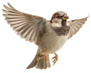 Obraz premium Small bird with outstretched wings is captured mid flight, showcasing its detailed feathers and vibrant colors against transparent background. bird appears lively and dynamic, embodying essence