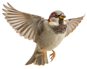 Small bird with outstretched wings is captured mid flight, showcasing its detailed feathers and vibrant colors against transparent background. bird appears lively and dynamic, embodying essence