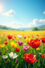 Vibrant colorful flowers in a vast open field with clear blue sky and warm sunlight filtering through - subtle bokeh effect, natural light, outdoor, blue sky