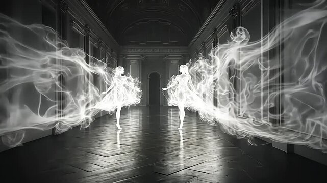 Ethereal dancers in a gothic hall, a dance of light and shadow with ghostly elegance