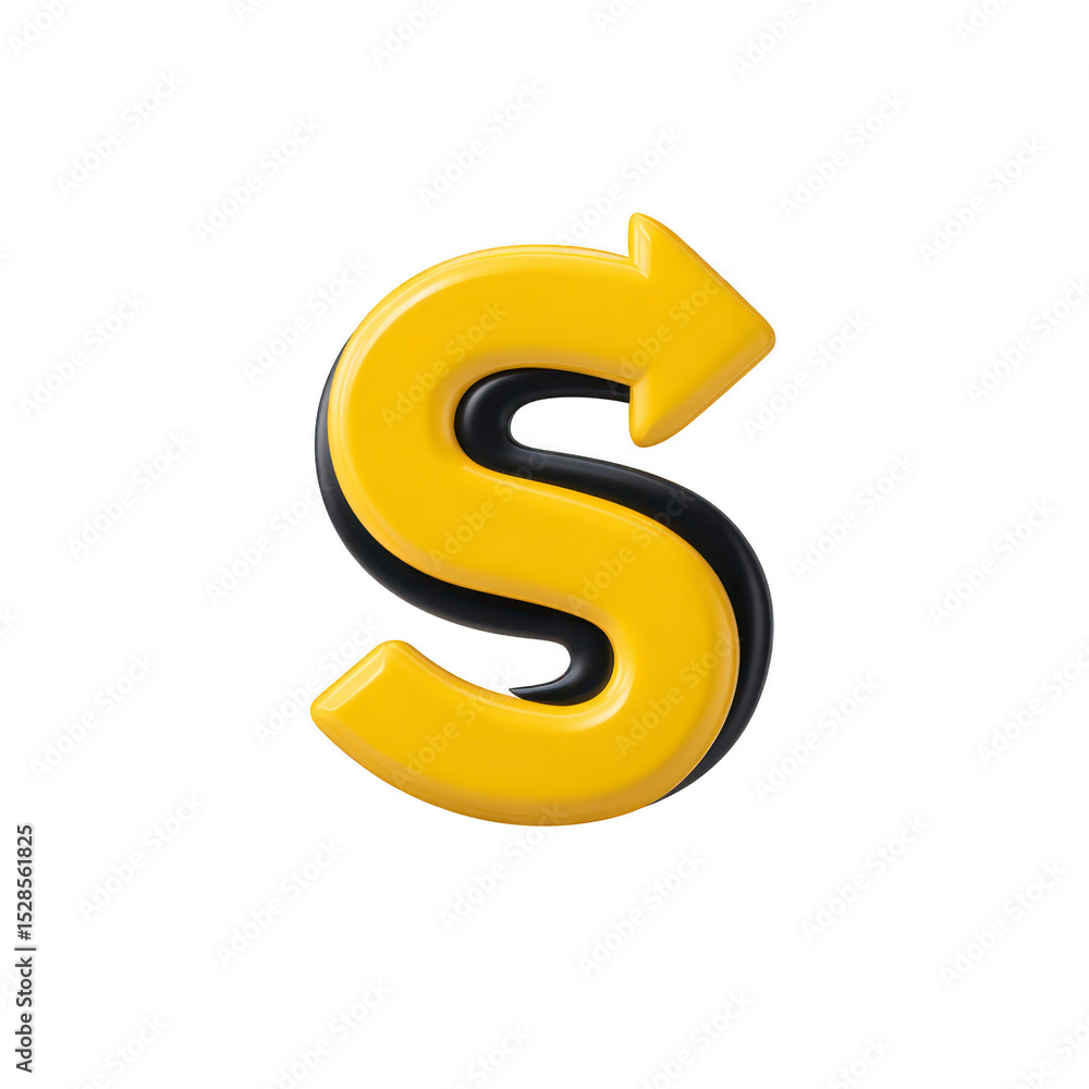 Poster bold yellow letter s with arrow design, symbolizing direction or progress, stands out against plain 