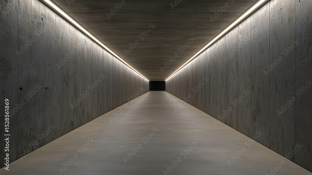 Poster modern minimalist corridor with smooth concrete walls and ambient lighting creating a mysterious per
