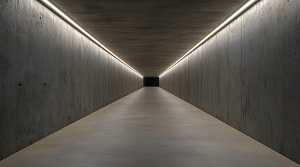 Modern minimalist corridor with smooth concrete walls and ambient lighting creating a mysterious perspective view into the dark distance