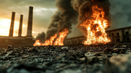 Explosive fires billowing smoke at an industrial site with smokestacks under a dramatic cloudy sky during sunset, capturing the intensity of environmental impact