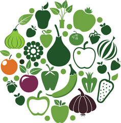 Circular fruit and vegetable silhouette isolated on white background