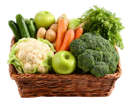 Fresh organic vegetables in woven basket include broccoli, cauliflower, carrots, zucchini, potatoes, and green apples, showcasing vibrant colors and healthy options for nutritious diet
