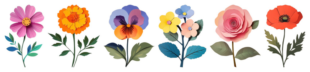 PNG Colorful paper flower illustrations, element set on transparent background