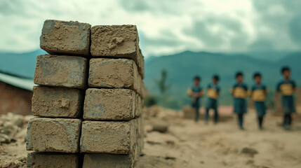 Young Children Walking Near Stack of Unfinished Clay Brick in Dusty Rural Landscape Under Soft Natural Light Against Blurry Mountain Background