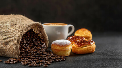 Coffee Beans, Freshly Brewed Cup, Pastries, and Delicious Dessert on Dark Background with Natural Textures and Warm Atmosphere