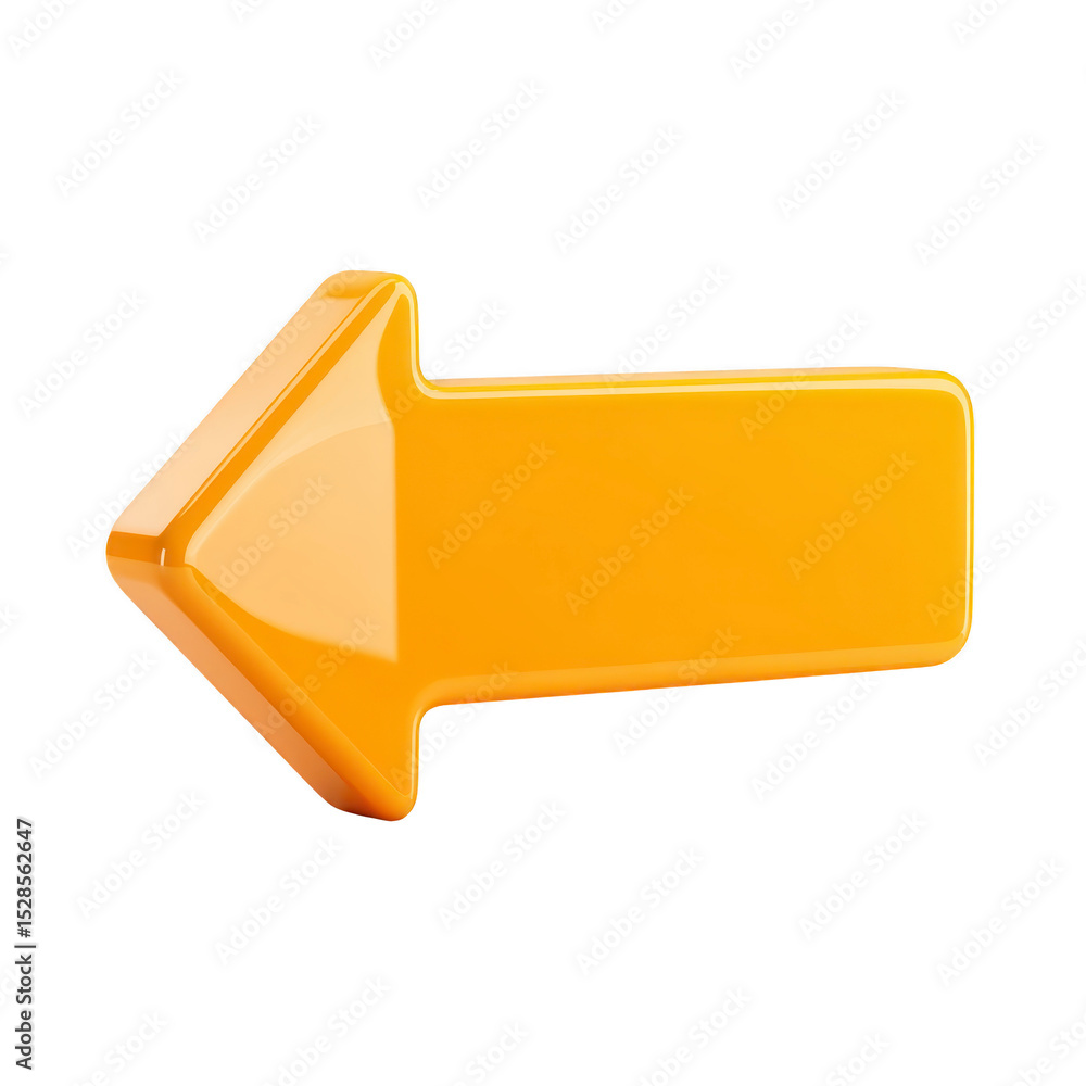 Poster shiny yellow 3d arrow pointing left, symbolizing direction or navigation. arrow has smooth, glossy f