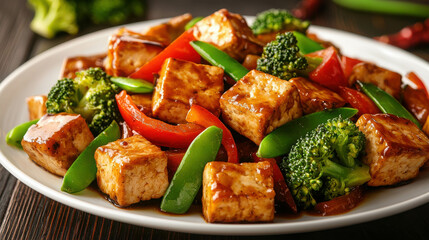 Colorful stir-fry with tofu, fresh broccoli, and vibrant bell peppers on a white plate, showcasing a delicious Asian cuisine dish for healthy eating