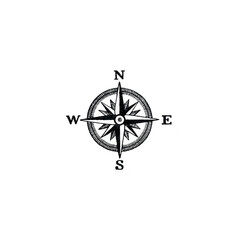 Vintage compass rose with intricate details, featuring cardinal directions North, East, South, and West, symbolizing navigation and exploration. design is monochrome and artistic