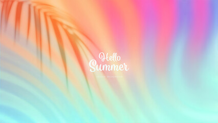 Naklejka na ściany i meble Summer gradient background with a palm leaf shadow. Bright colorful summer colors. Sunset and sunrise sky colors. Blue, purple, orange, pink, yellow. Great for poster, banner. Vector illustration.