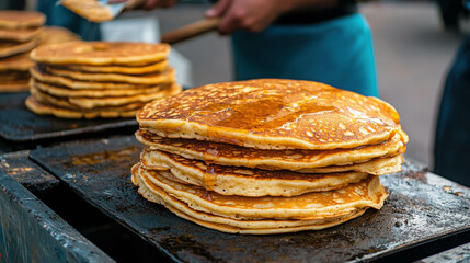 Stacked Delicious Pancakes on Grill with Golden Syrup Dripping for Breakfast Food, Street Market, Culinary Delight, Gourmet Scene, Tasty Treat