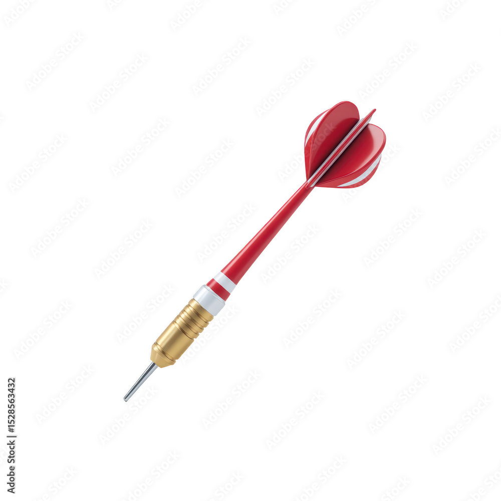 Poster red and gold dart with metallic tip and plastic flights, designed for precision in dartboard games. 